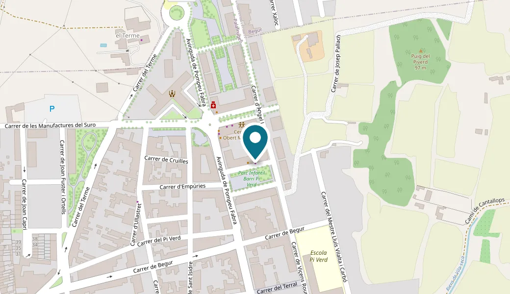 Mapa de la zona: la lavandería está en la Pl. del Mestre Joan Planas, junto al parque infantil del barrio Pi Verd